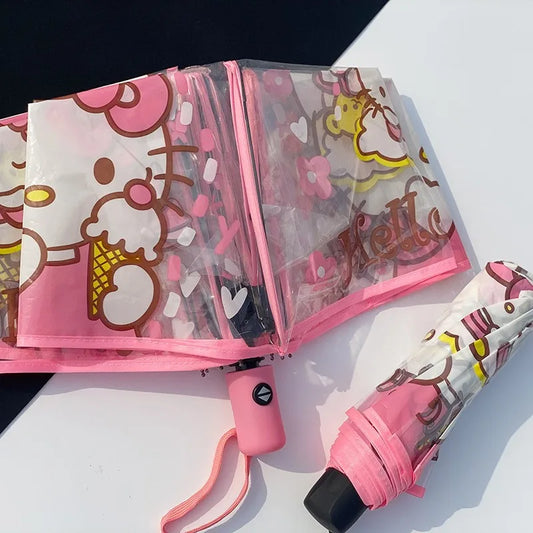 Anime Hello Kitty Umbrella Manual Automatic Cartoon Folding Umbrella Portable Transparent Student Umbrella Girl Gifts