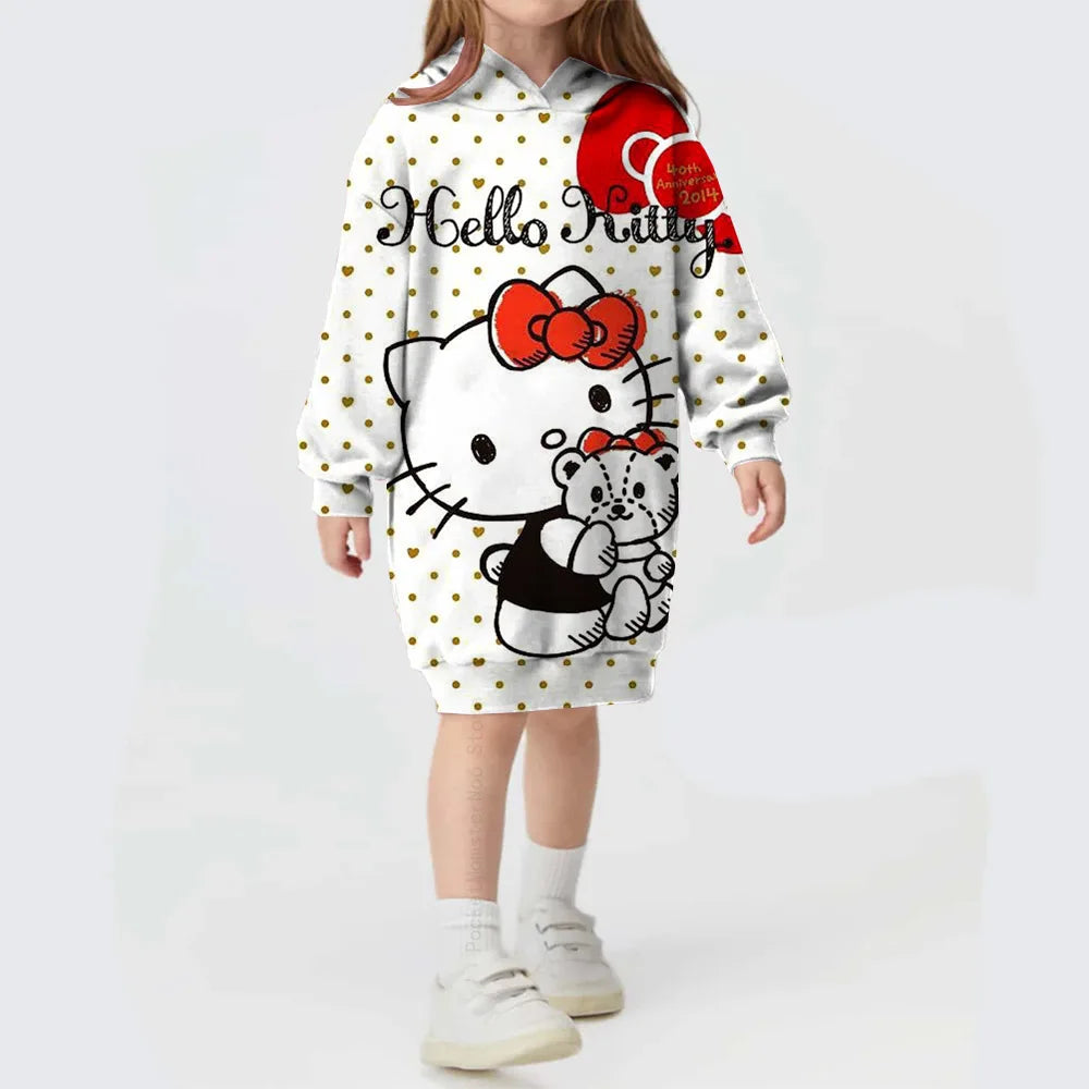 Girls Hooded Dress for Autumn Winter Kids Hello Kitty Kuromi print Dress Girl Striped Long Sleeve Clothes Kids Hoodies Dresses