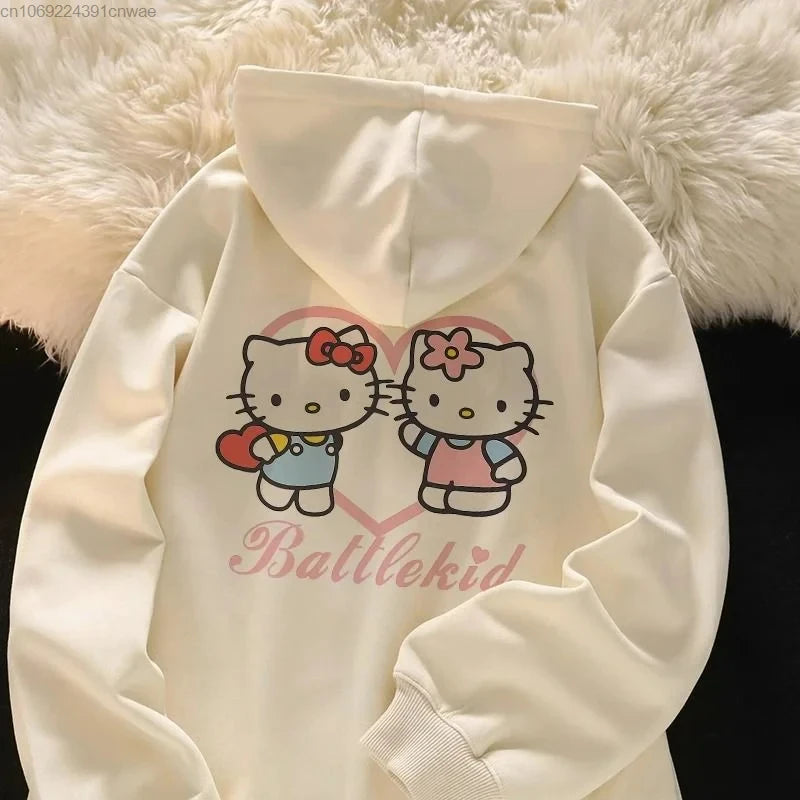 2025 New Hello Kitty Jacket 2000s Zip Hoodie White Sweatshirt Young Women Fall Winter Kawaii Lolita Jacket Student Tops