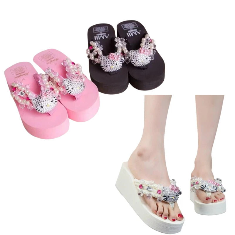 Kawaii Hello Kitty Soft Flip Flop Sandals Beach Slides Shoes Women Casual Wedge High Heels Platform Slippers Ladies