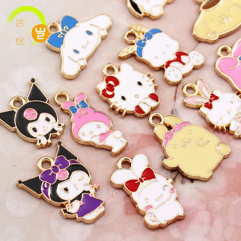 10PCS Accessories Korean Cartoon Kawaii Hello Kitty Kuromi Mymelody Diy Handmade Jewelry Cute Alloy Drip Oil Pendant