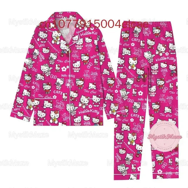 New Hello Kitty Pajama3D Printed Casual Men's and Women's Long Sleeve Shirt Pajama Set