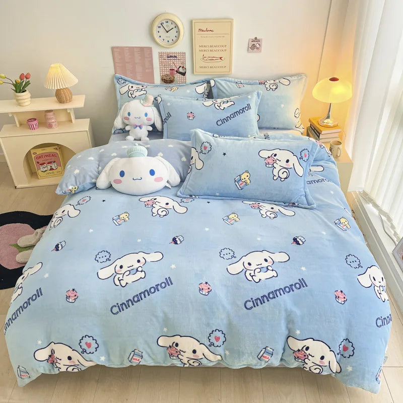 Double Sided Velvet Bedding Set Melody Kuromi Hello Kitty Winter Flannel Single Double Queen King Quilt Cover Bed Sheet