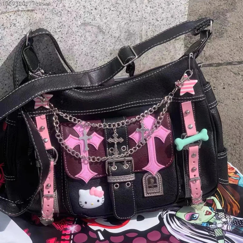 Hello Kitty Gothic Punk Vintage Pink Crossbody Bags for Women Hot Girl Handbag Y2k Trend School Zipper Tote Bag