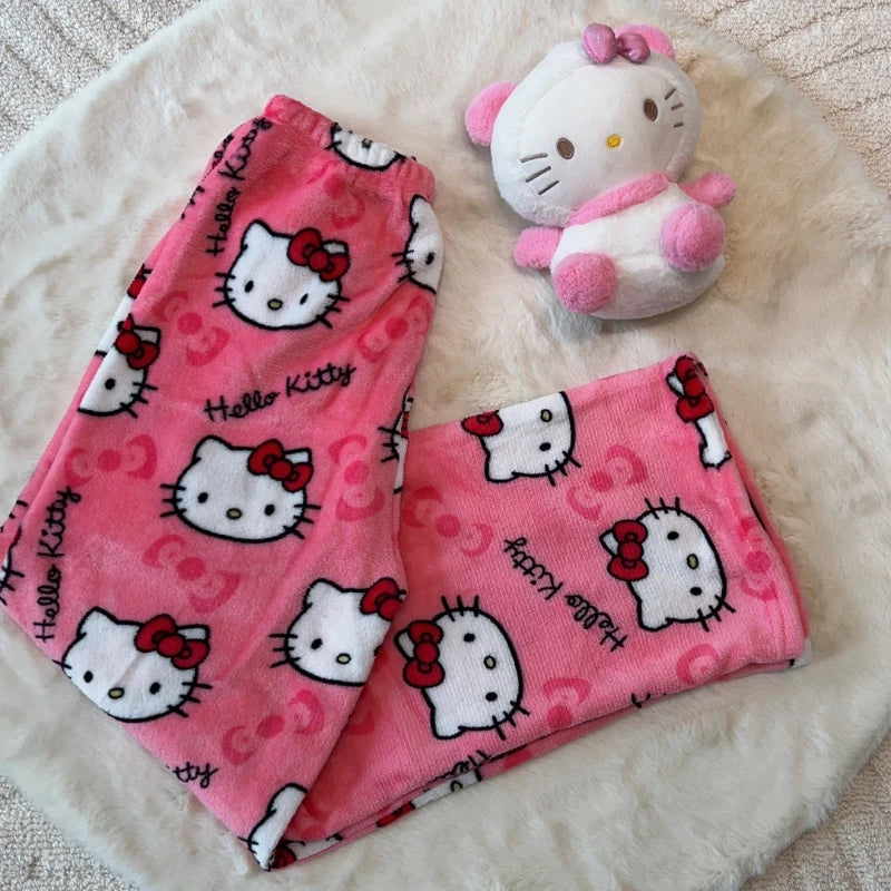 Sanrio Hello Kitty Pajamas Pants Black Pink Anime Flannel Women Warm Woolen White Cartoon Casual Home Pant Autumn Grils Trousers