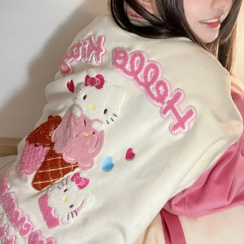 Y2K Anime Hello Kitty Jacket Baseball Uniform Sanrioed Couple Outfit Spring Winter Cute Coat Tops Casual Vintage Loose Leisure