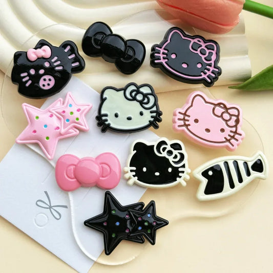 5pcs Cute Black Pink Hellokitty Cat Bow Fish Acrylic DIY Jewelry Accessories Mobile Phone Case Hole Shoes Patch Hairpin Material