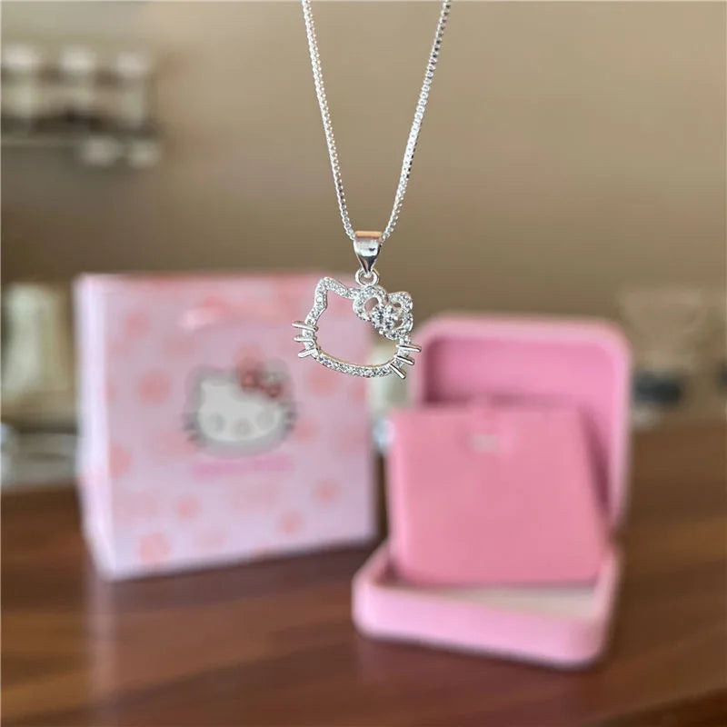 Hello Kitty Sanrio Pink Crystal Necklace Silver Alloy Anime Jewelry Chain Female Charm Valentine Accessories Girl Gift