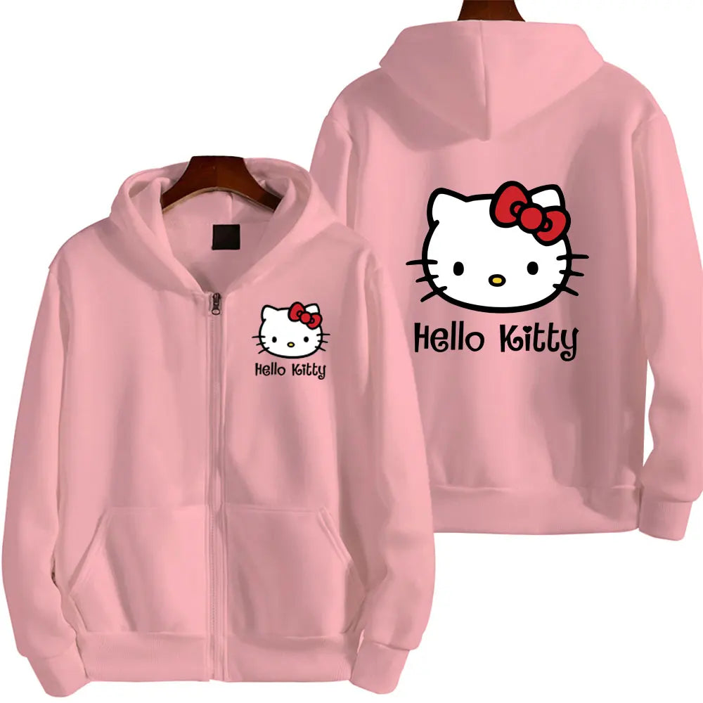 Hello Kitty Pink Women Zipper Hoodie Jacket Spring Autumn Casual Men Sweatshirt Cartoon Anime Couple Oversized Clothes Coats