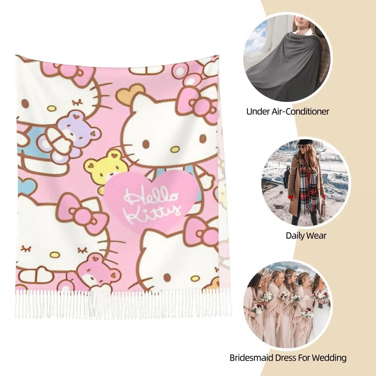 Women's Scarf with Tassel Hello Kitty Cartoon Long Winter Fall Shawl and Wrap Gifts Cashmere Scarf