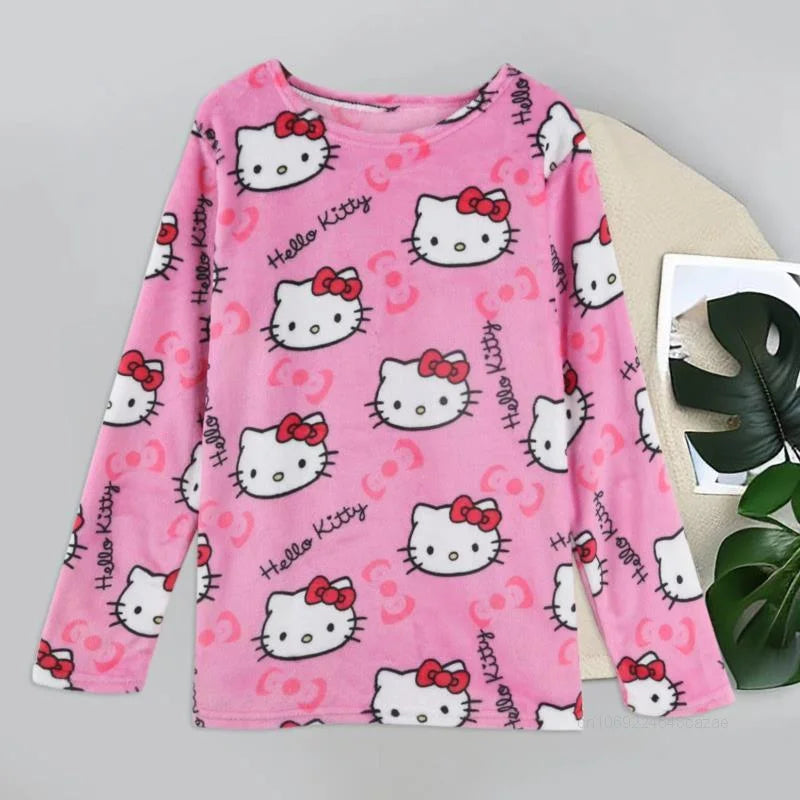 Sanrio Hello Kitty Women Autumn Winter Pajamas Thickened Flannel New Cartoon Home Suit Set Japanese Style Casual Trend Sleepwear