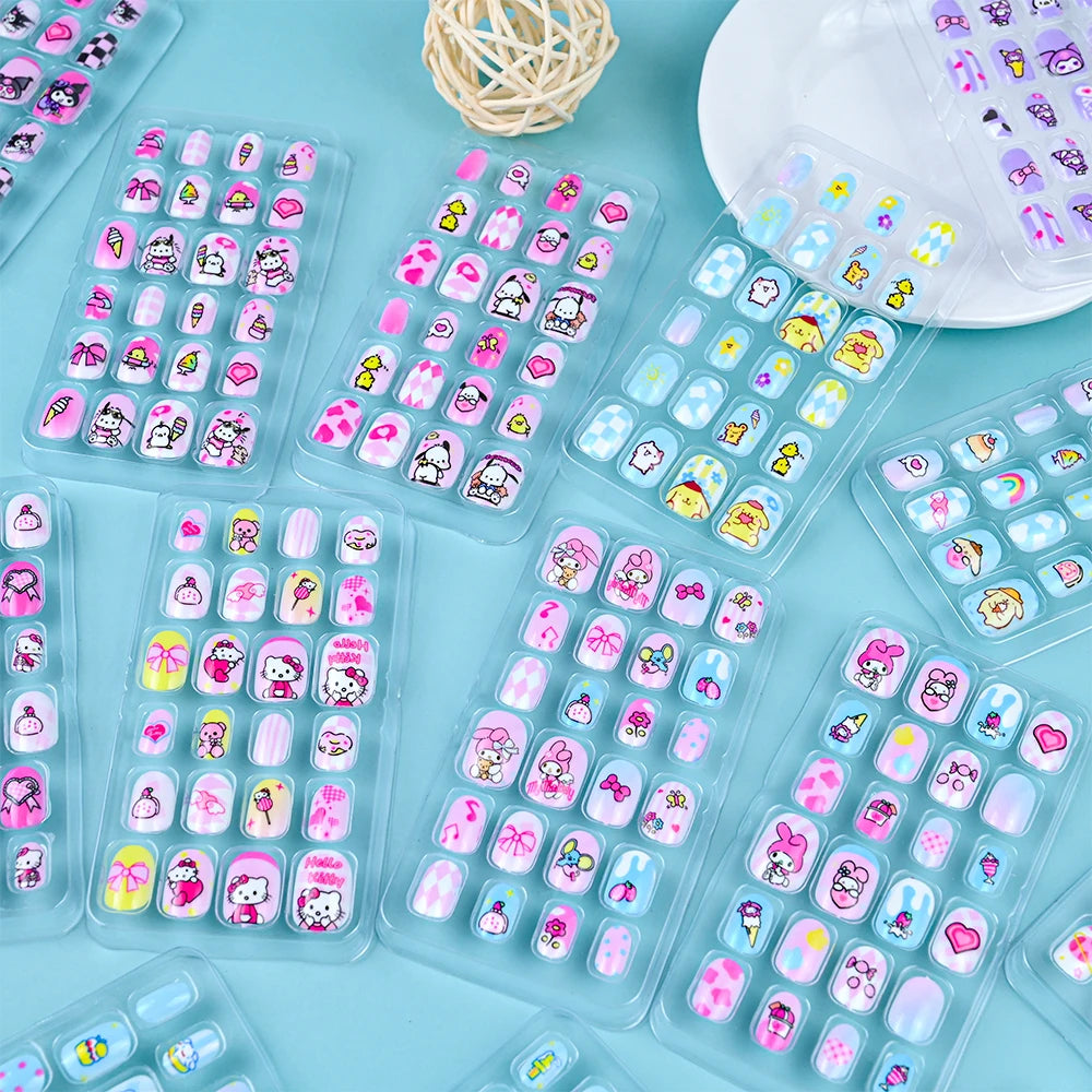 24Pcs Cartoon Hello Kitty Press on Nails Sanrio Series Pink/Blue/Purple Kuromi Kawaii Fake Nail for 6 years+ School Girl