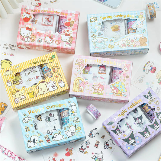 Hello Kitty Cinnamoroll Kuromi Sticker Roll Gift Box Cute My Melody Hand Acount Tape Stickers Decal Kids Toys