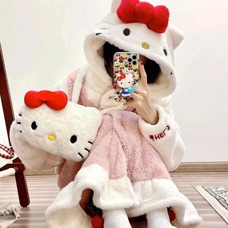 Miniso Hello Kitty Plush Fur Pajamas Robe Suit Anime Cartoon Homewear Winter Thickened Keep Warm Halloween Christmas Girl Gift