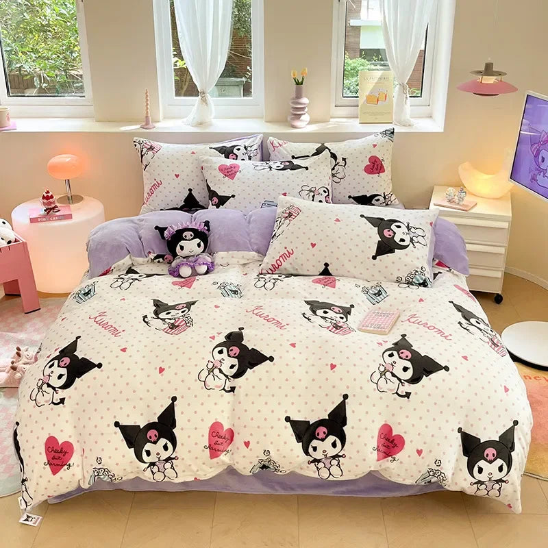 Winter Milk Velvet Bedding Set Hello Kitty Melody Kuromi Thickening Warm Flannel Queen Duvet Cover Bed Sheet Pillowcase