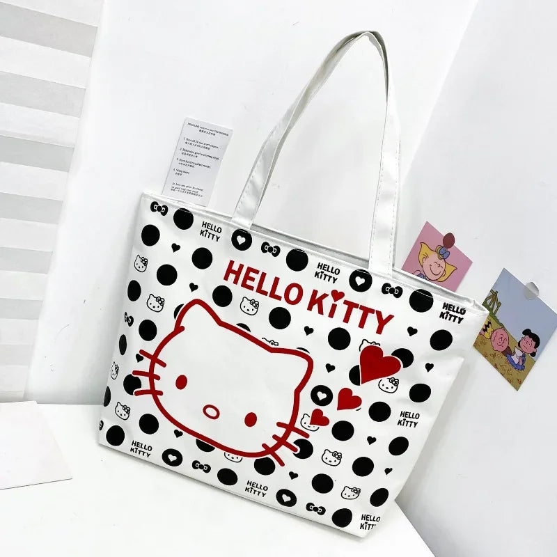 Hello Kitty Tote Bag Cartoon Shoulder Bags Large Capacity Canvas Bags Student Book Storage Zipper Handbag Girl Beach Bag