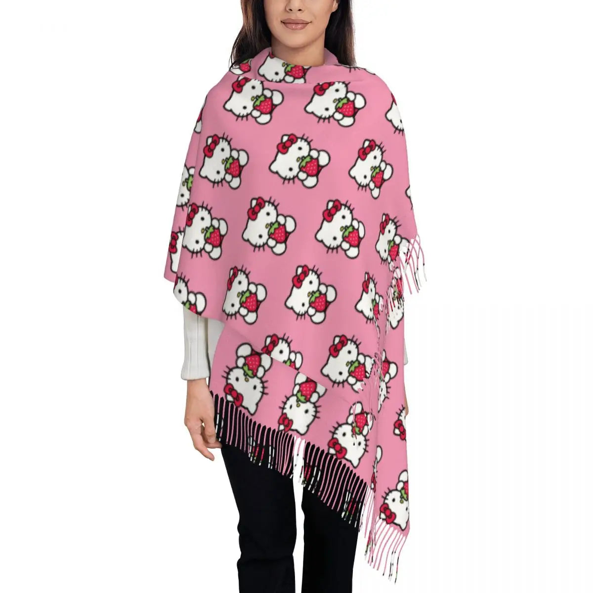 Customized Lady Long Hello Kitty Pattern Scarves Women Winter Fall Thick Warm Tassel Shawl Wraps Sanrio Scarf