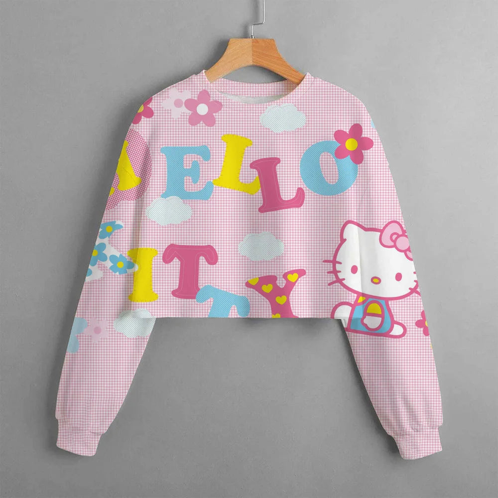 Girls' Short O Neck Long Sleeve Top Hello Kitty Cartoon Balloon Print Girls' Clothing Spring And Autumn Pullover Casual Children