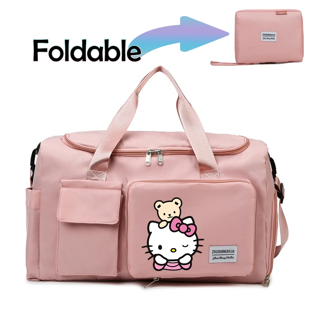 Hello Kitty Cartoon Travel Bag Large Capacity Storage Shoulder Bags Gym Duffle Pack with Shoe Compartment Portable HandBag