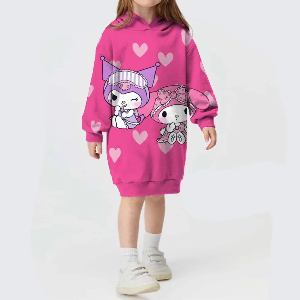 Autumn/winter Children's Hello Kitty Kuromi print Sweater Clothes Suit Hooded Solid Color Fashion Sweater Dress Comfortable