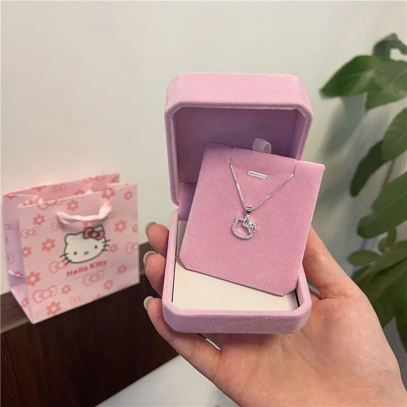 Hello Kitty Sanrio Pink Crystal Necklace Silver Alloy Anime Jewelry Chain Female Charm Valentine Accessories Girl Gift