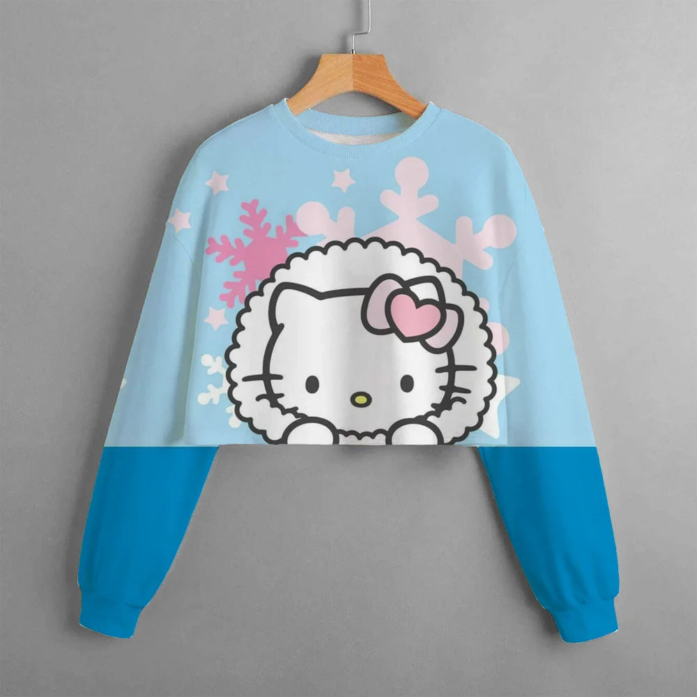 Girls' Short O Neck Long Sleeve Top Hello Kitty Cartoon Balloon Print Girls' Clothing Spring And Autumn Pullover Casual Children