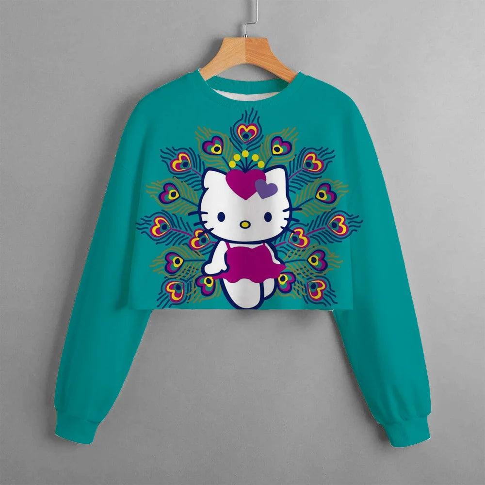 Girls' Short O Neck Long Sleeve Top Hello Kitty Cartoon Balloon Print Girls' Clothing Spring And Autumn Pullover Casual Children