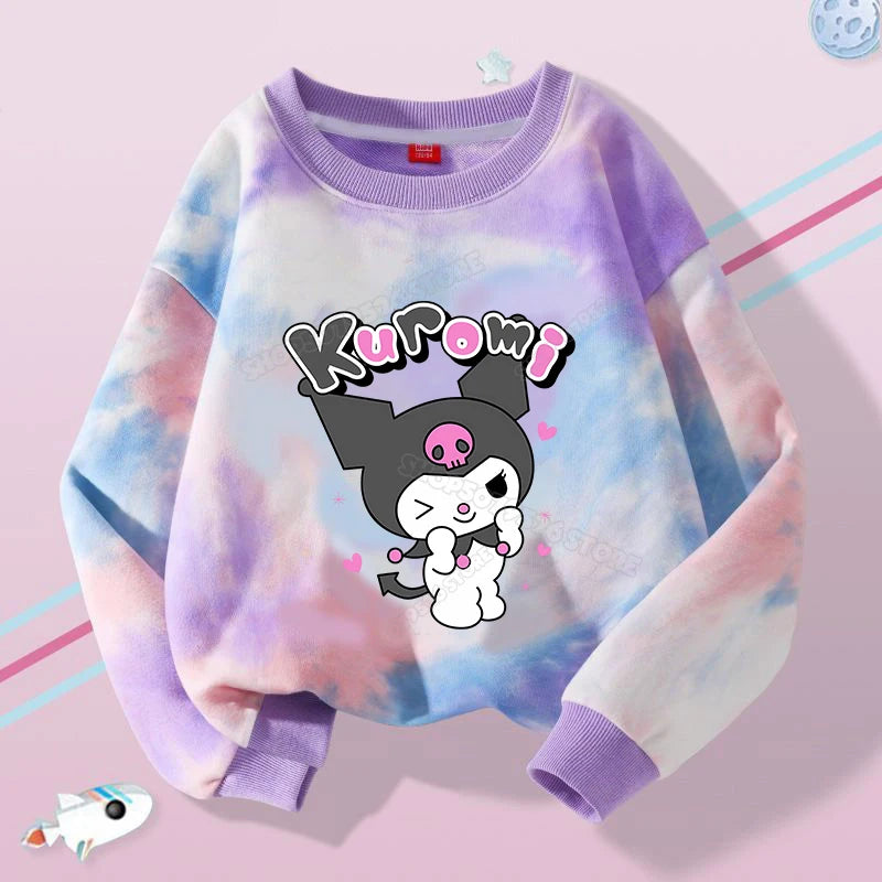 Hello Kitty Kuromi Cute Print Sweatshirts Girl Clothes Autumn Trend Tie Dyed Round Neck Pattern Children Pullover Long Sleeves