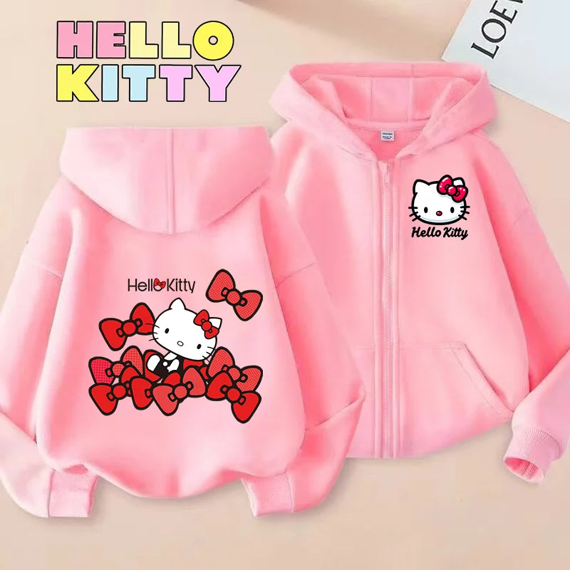 Hello Kitty Zipper Hoodies Girls Sweatshirt Autumn and Winter Long Sleeve Harajuku Pullovers Casual Hooded Tops Birthday Gift