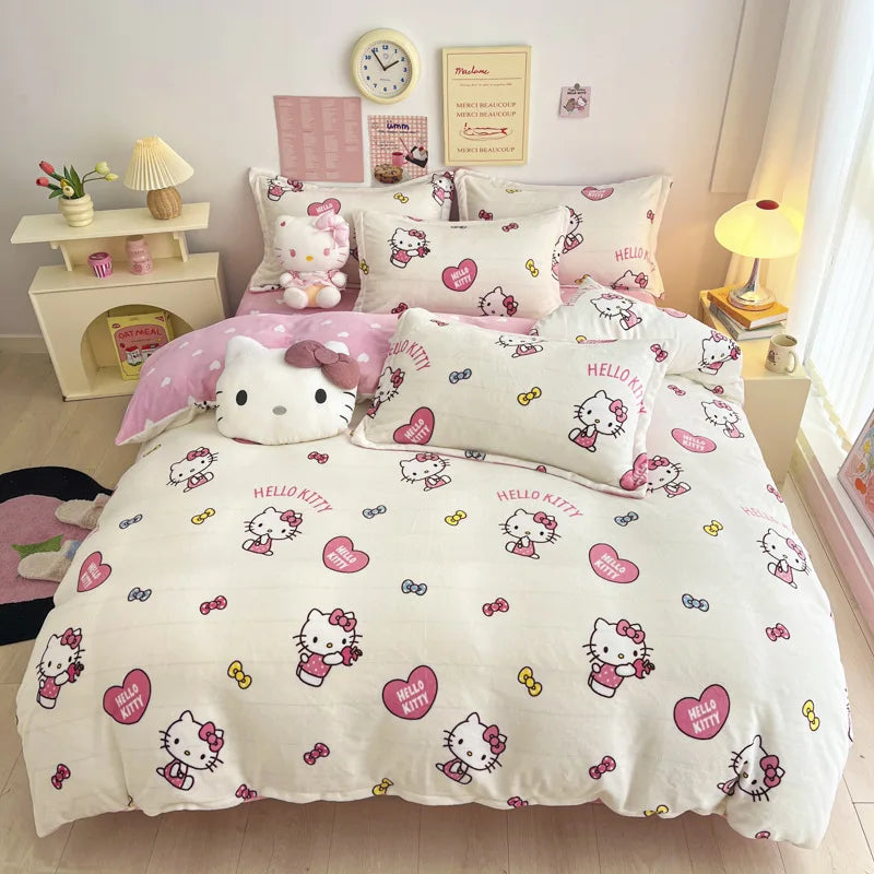 Double Sided Velvet Bedding Set Melody Kuromi Hello Kitty Winter Flannel Single Double Queen King Quilt Cover Bed Sheet