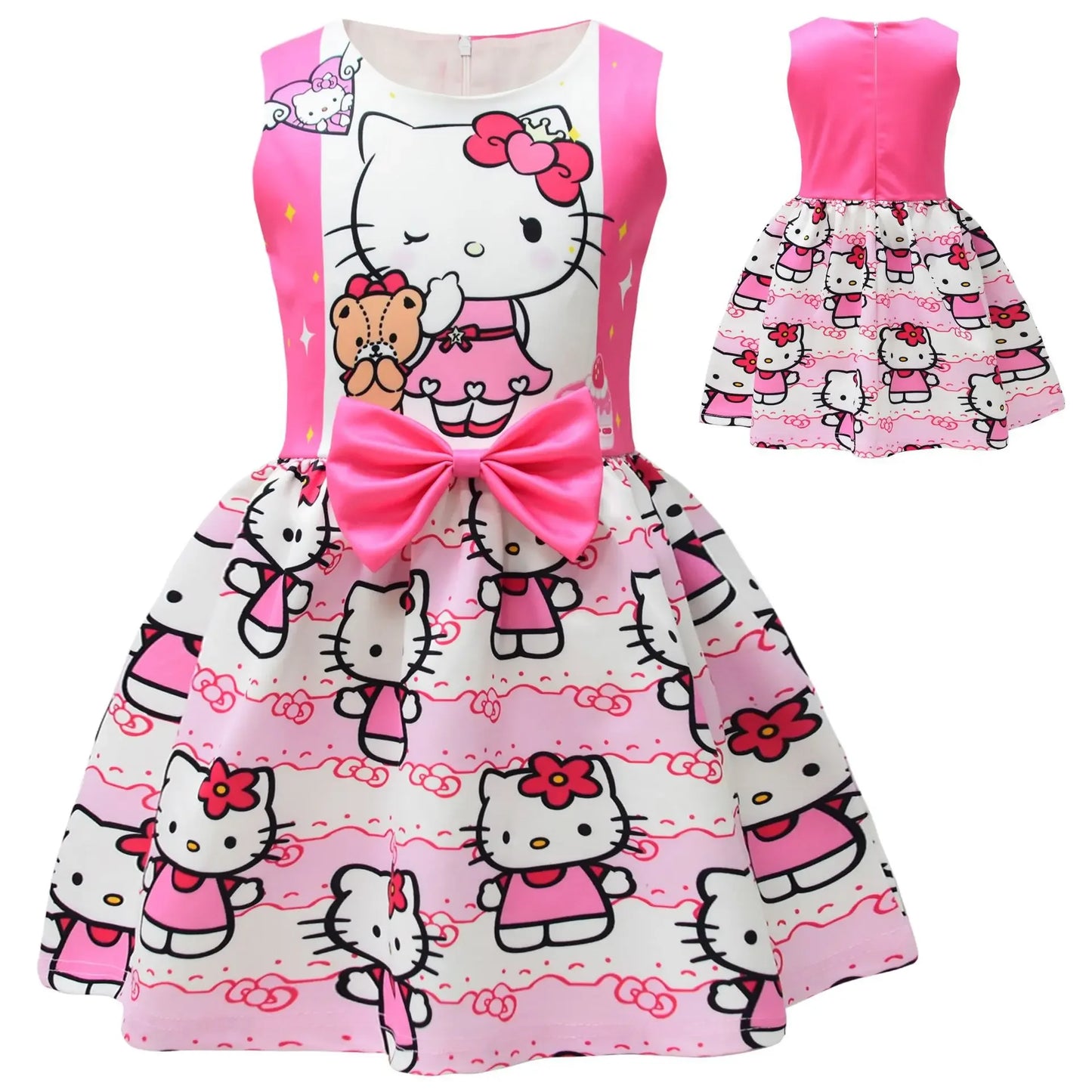 Hello Kitty Cartoon Printed Net Yarn Short-Sleeved Pleated Dress for Girls Birthday Party Princess Costume Children's Prom Dress