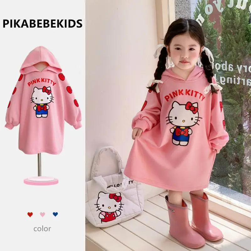 Hello Kittys Girl Hooded Sweatshirt Dress Anime Kawaii Cartoon Long Sleeves Autumn Winter Sportswear Child Clothing