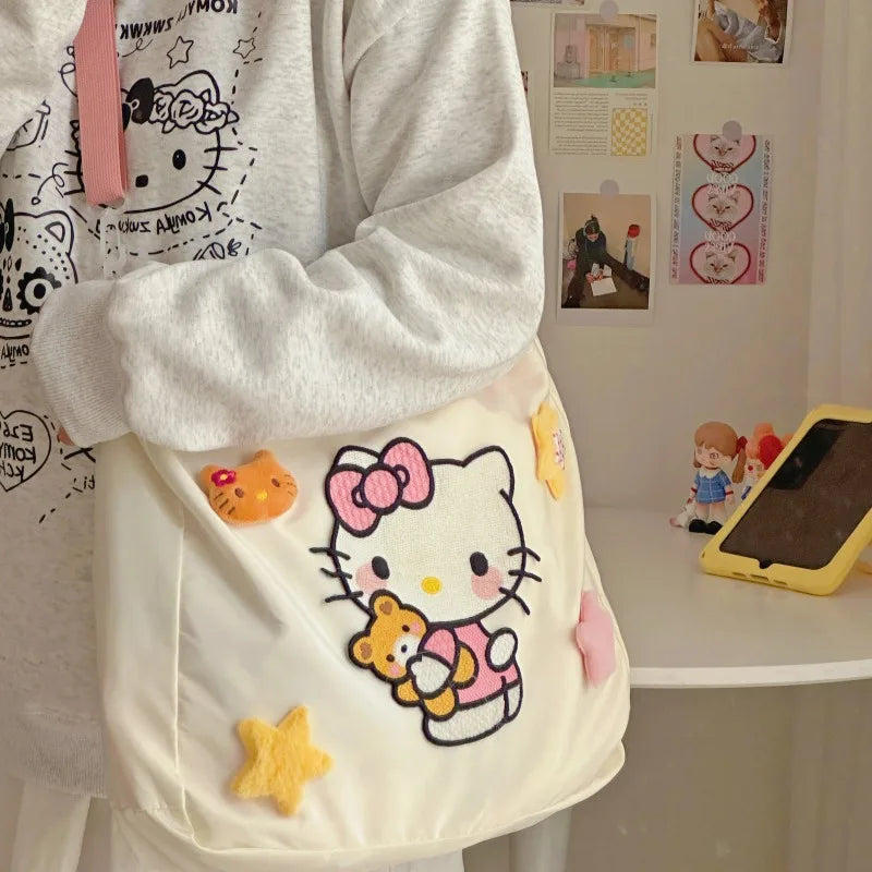 Hello Kitty Womens Tote Bag Embroidery Nylon Large Capacity Cute Cartoon Shoulder Bag Casual Commuter Travel Female Handbag