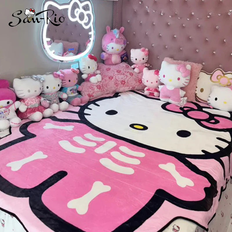 Hello Kitty Shape Halloween Skeleton Blanket Flannel Throw Blanket Lightweight Blankets Soft Cozy for Bed Decor Home Bedsqread