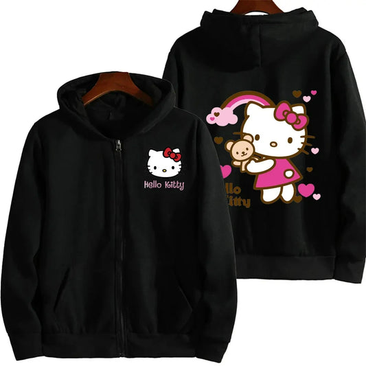 Women's Zipper Hoodie Autumn and Winter New Cute Kawaii Hello Kitty Pattern Sweatshirt 2025 Streetwear Women's Clothing