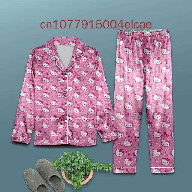 2025 New Hello Kitty Pajama Set 3d Printed Casual Men's and Women's Long Sleeve Shirt Pajama Set Hellokitty Family Pajamas Set