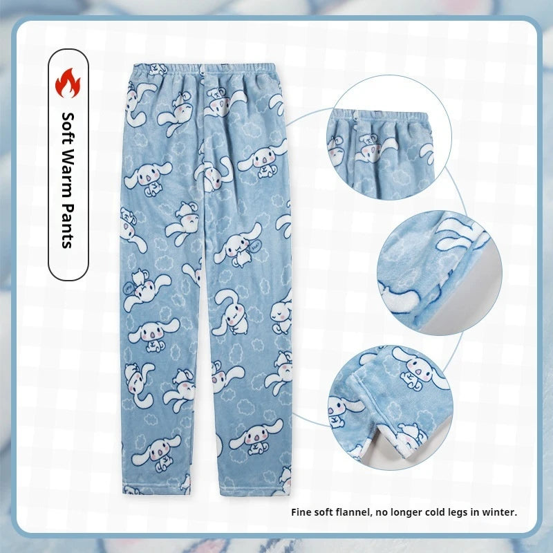 Miniso Hello Kitty Kuromi Sleeper Pants With Flannel Thick Fleece For Warmth Casual Cute Cartoon Pattern Girl Christmas Clothing