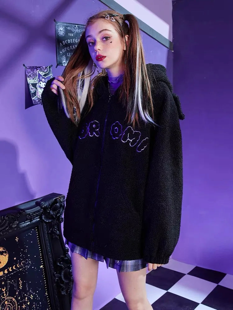 Anime Kuromi Clothes Women Black Embroidery Hoodies Y2k Tops Autumn Winter Thin Coat Female Fashion Loose Sweatshirt