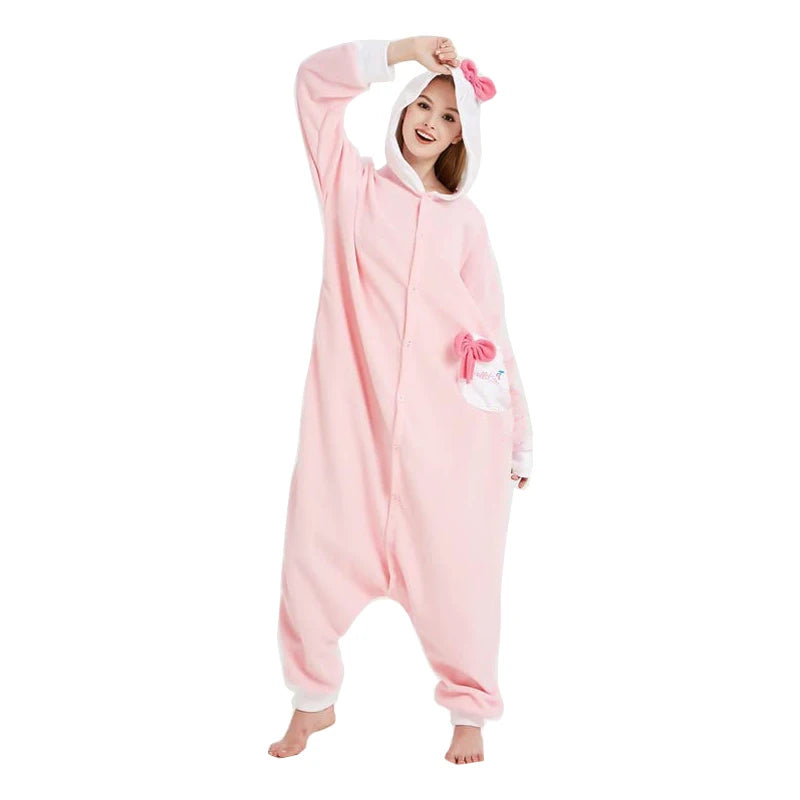 Hello Kitty Onesie Cartoon Cosplay Costume for Women Pajamas One-Piece Pijamas Halloween Kigurumi Christmas Full Body Clothes