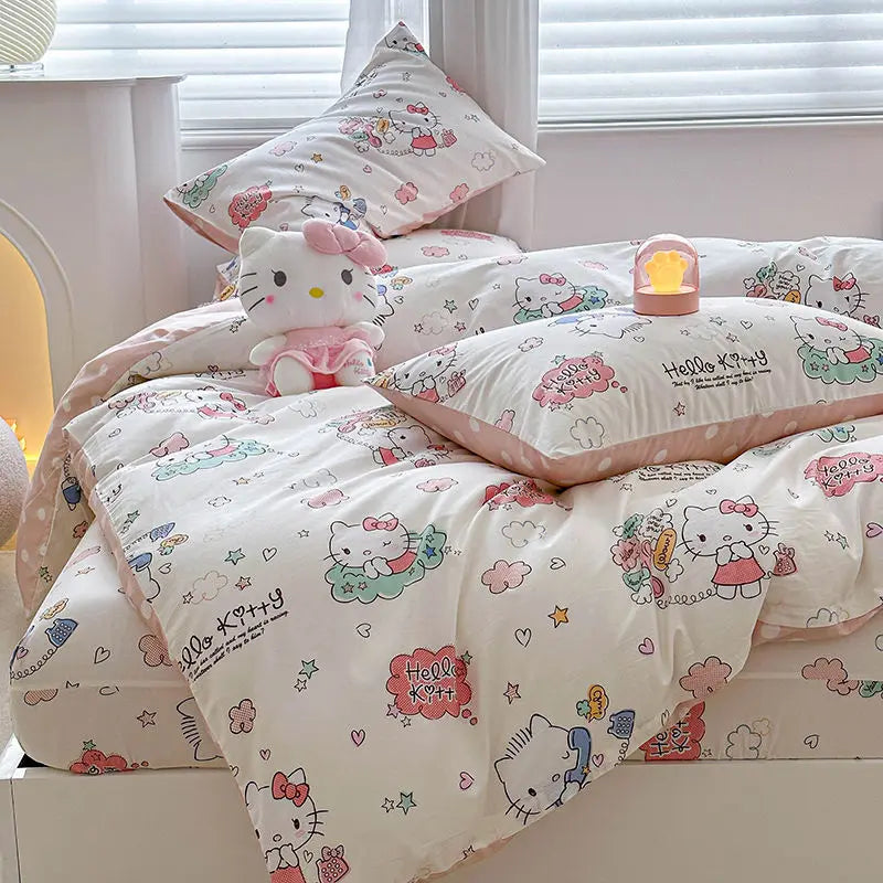 Kuromi Cinnamoroll My melody Hello Kitty Fashion Simple Cartoon Print Pure Cotton Bed Sheets and Quilt Covers Three Piece Set