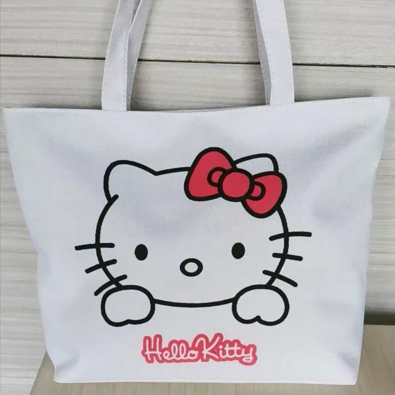 Hello Kitty Tote Bag Cartoon Shoulder Bags Large Capacity Canvas Bags Student Book Storage Zipper Handbag Girl Beach Bag