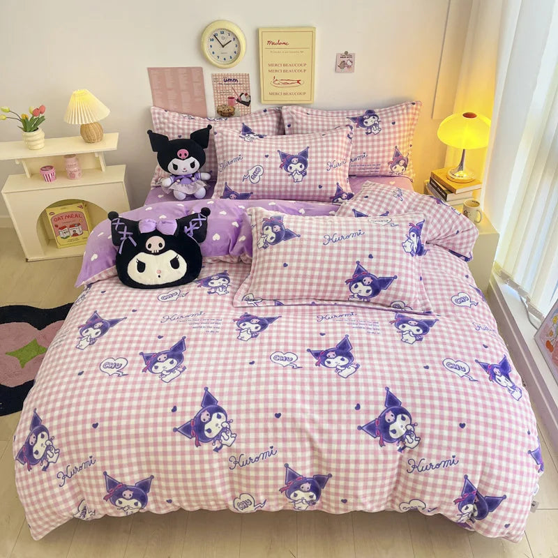 Double Sided Velvet Bedding Set Melody Kuromi Hello Kitty Winter Flannel Single Double Queen King Quilt Cover Bed Sheet