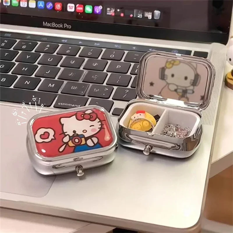 Hello Kitty Portable Jewelry Box with HD Mirror Mini Sealed Sub package Box Cute Cartoon Travel Storage Box