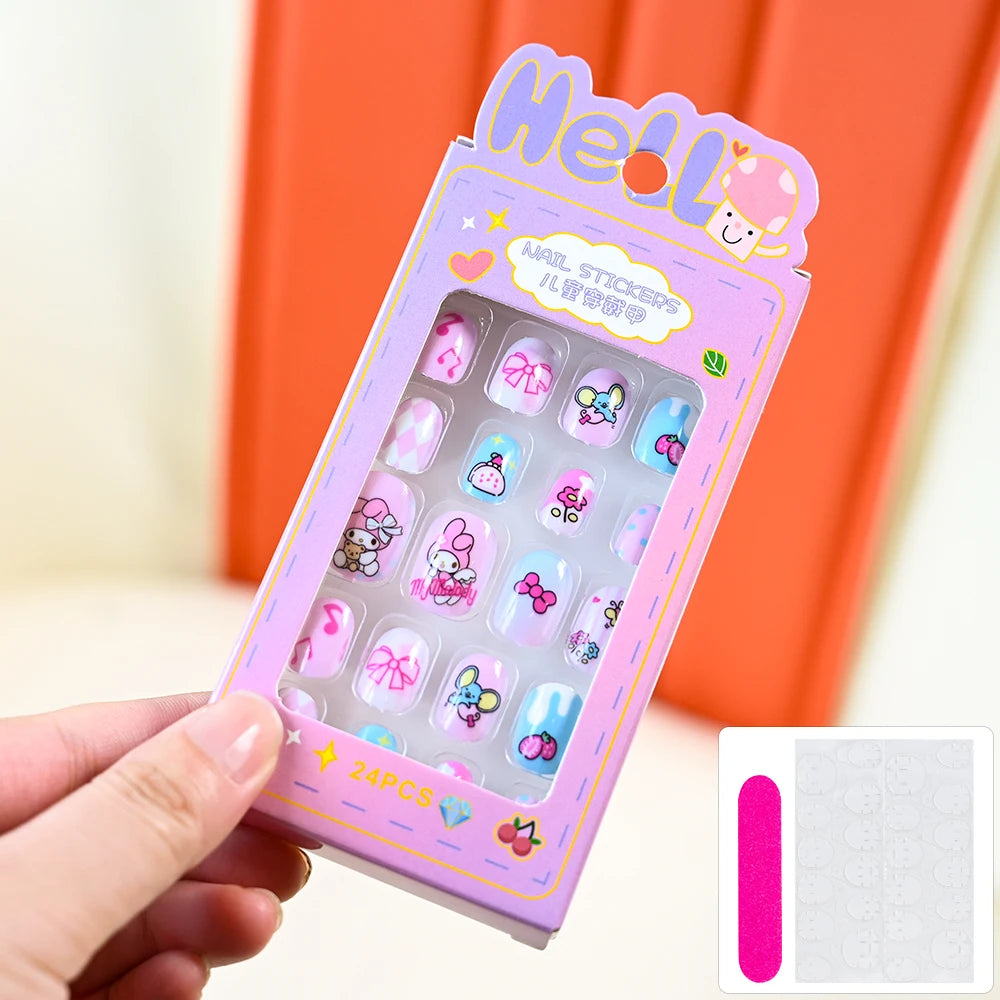 24Pcs Cartoon Hello Kitty Press on Nails Sanrio Series Pink/Blue/Purple Kuromi Kawaii Fake Nail for 6 years+ School Girl