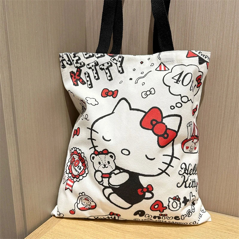 Hello Kitty Canvas Bag Kawaii Anime Student Portable Large Capacity Makeup Wash Commuting Cartoon Storage Bags Girls Gift