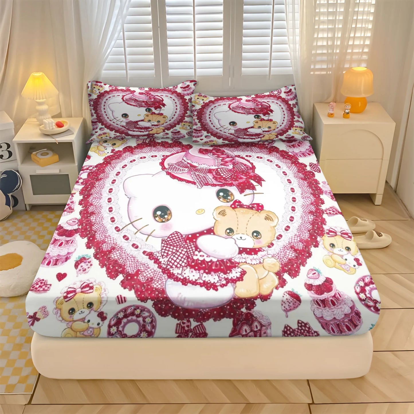 Sanlio, Kuromi Hello kitty 100% Polyester With Pillowcas Bedding Set  Fitted Sheet Bed Cover Full 3D Printed Children'S