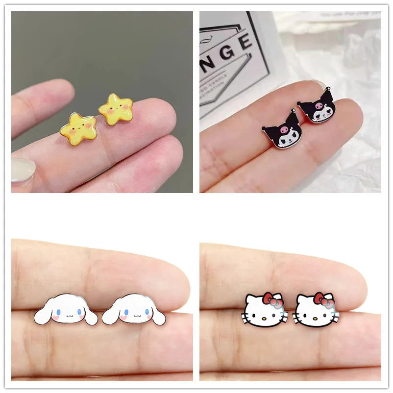 925 Stud Earrings Cinnamoroll Ear Stud Hello Kitty Kuromi Melody Beauty Trendy Fashion Jewelry Earrings Girls Gift