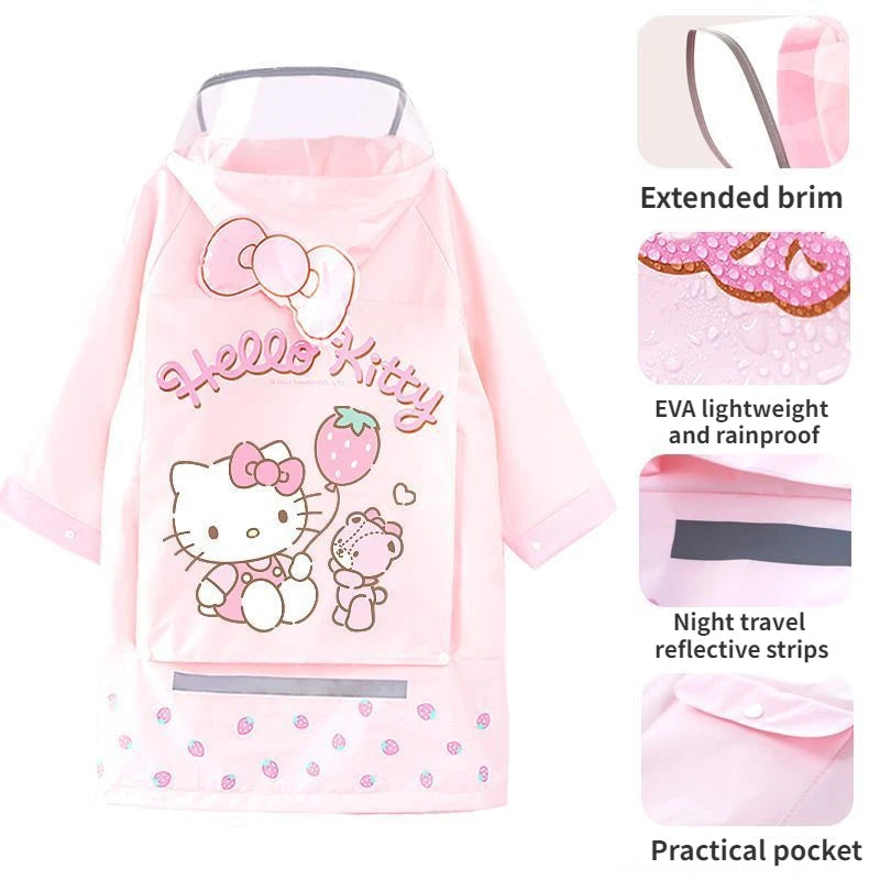 Hello Kitty Raincoat with Bag Bits Big Brim Student Waterproof Clothing for School Cartoon Kuromi Children's Raincoat