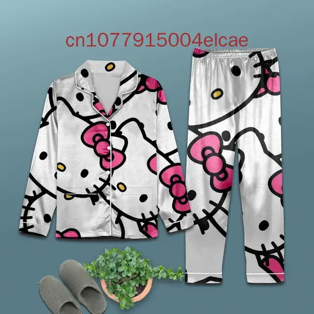 2025 New Hello Kitty Pajama Set 3d Printed Casual Men's and Women's Long Sleeve Shirt Pajama Set Hellokitty Family Pajamas Set