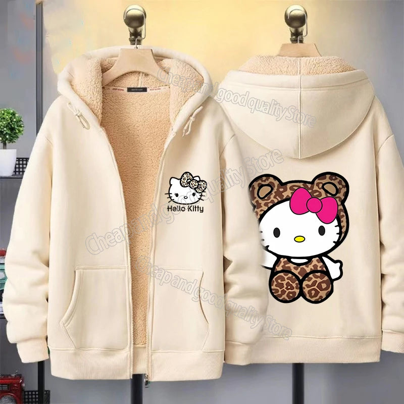 Hello Kitty Women's Zipper Hoodie Autumn and Winter New Cute Kawaii Pattern Sweatshirt Streetwear Girl Lady Clothing Coat